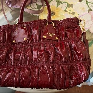 Prada Burgundy Patent Leather Gathered Tote with Gold Hardware